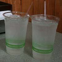 2 bioplastic cups filled with water made from corn